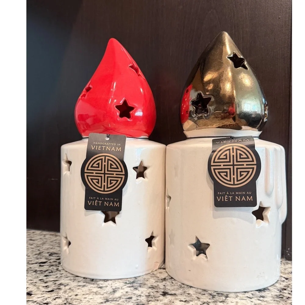 Handcrafted Ceramic Star‎ Cutout Candle Holders Set of 2 Red Gold Vietnam Decor